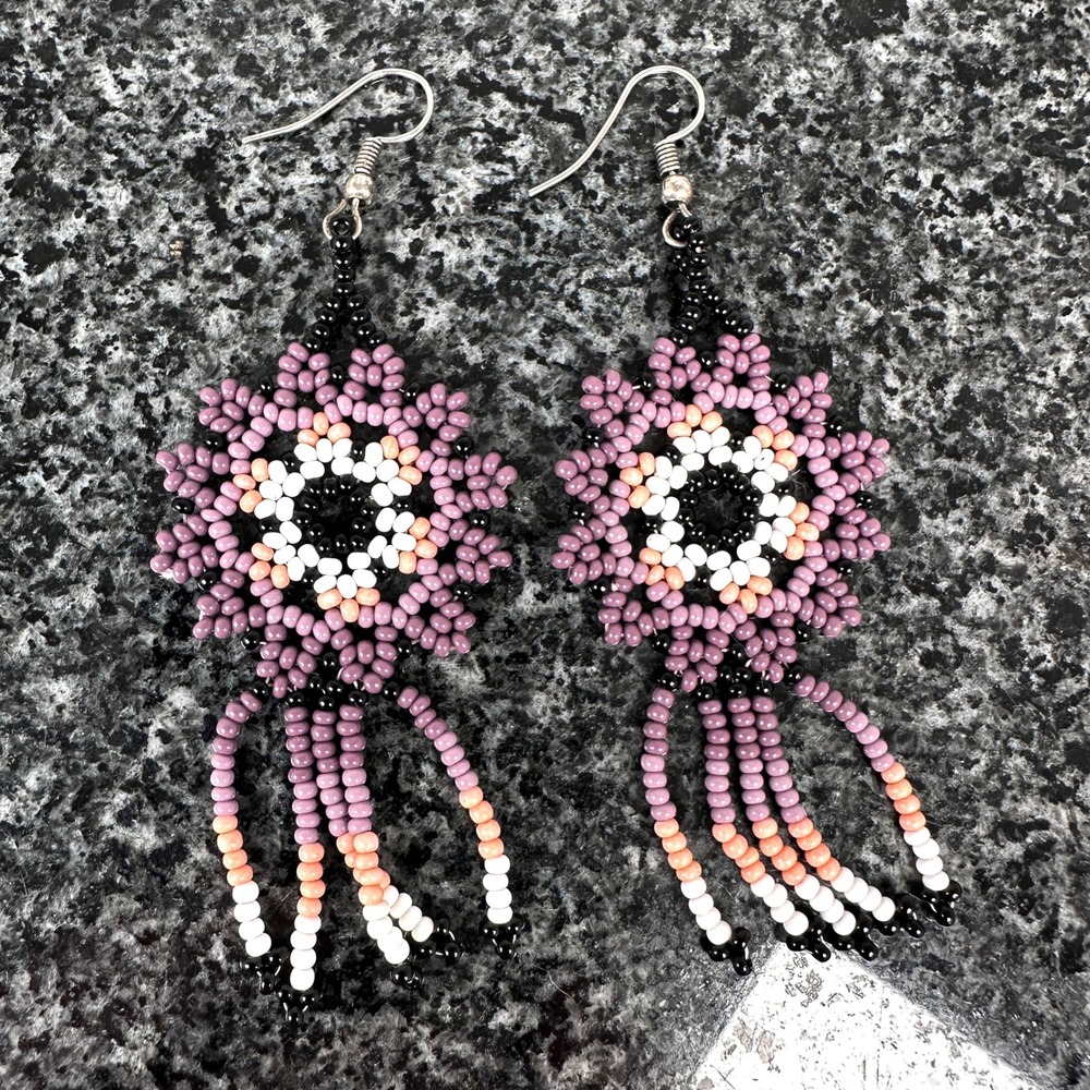 Handmade Mandala‎ Seed Bead Dangle Earrings Purple Black White Peach Boho 2.75"